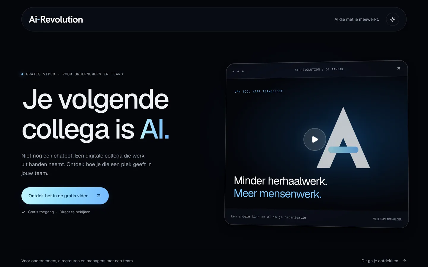 De opt-inpagina die ChatGPT Astra bouwde: donkere hero met de kop &lsquo;Je volgende collega is AI.&rsquo; en een schuin gekantelde browsermockup.