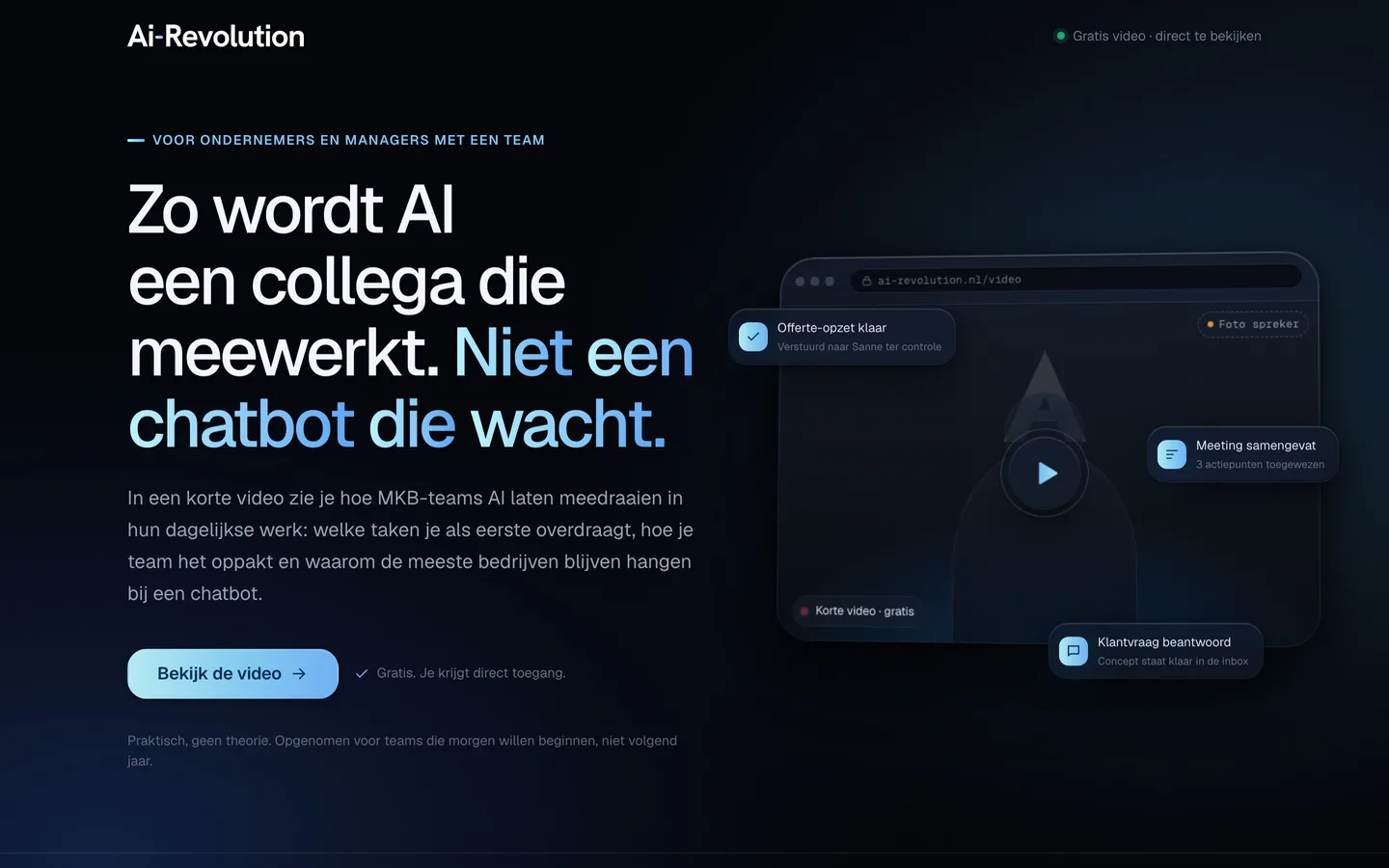 De opt-inpagina die Claude Fable 5.1 bouwde: kop &lsquo;Zo wordt AI een collega die meewerkt&rsquo; met een browservenster en zwevende meldingskaartjes.