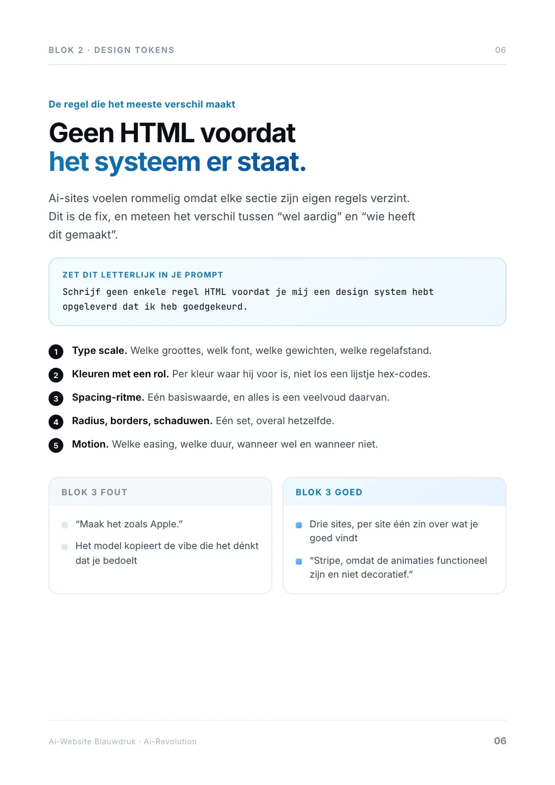 Blok 2: eerst een design system laten opleveren, daarna pas HTML.