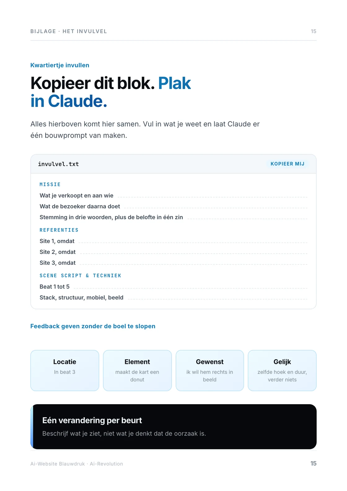 Pagina 15 van de blauwdruk: het invulvel dat je kopieert en in Claude plakt.