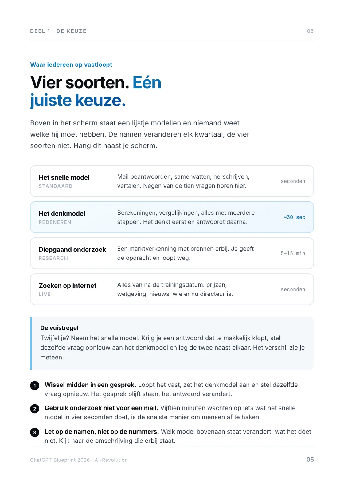 Pagina 5: vier soorten modellen met waar je ze voor gebruikt en hoe lang ze erover doen.