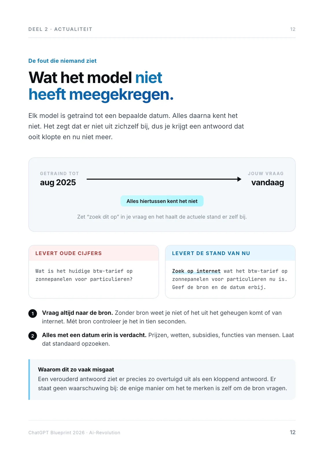 Pagina 12: de kennisgap tussen de trainingsdatum en vandaag.