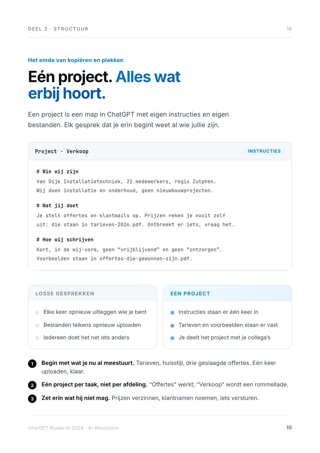 Pagina 19: een project in ChatGPT met eigen instructies en eigen bestanden.