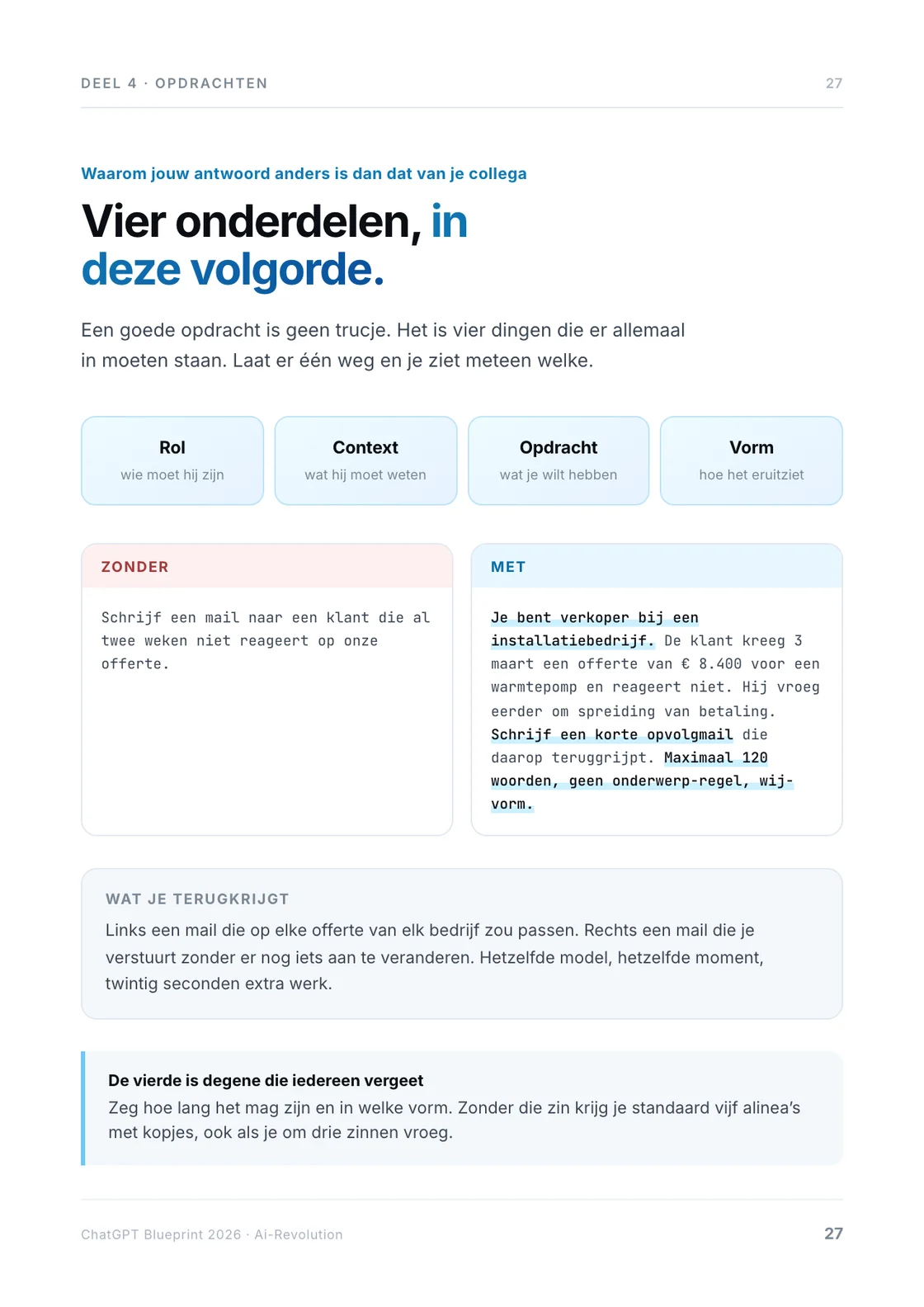 Pagina 27: de vier onderdelen van een goede opdracht.