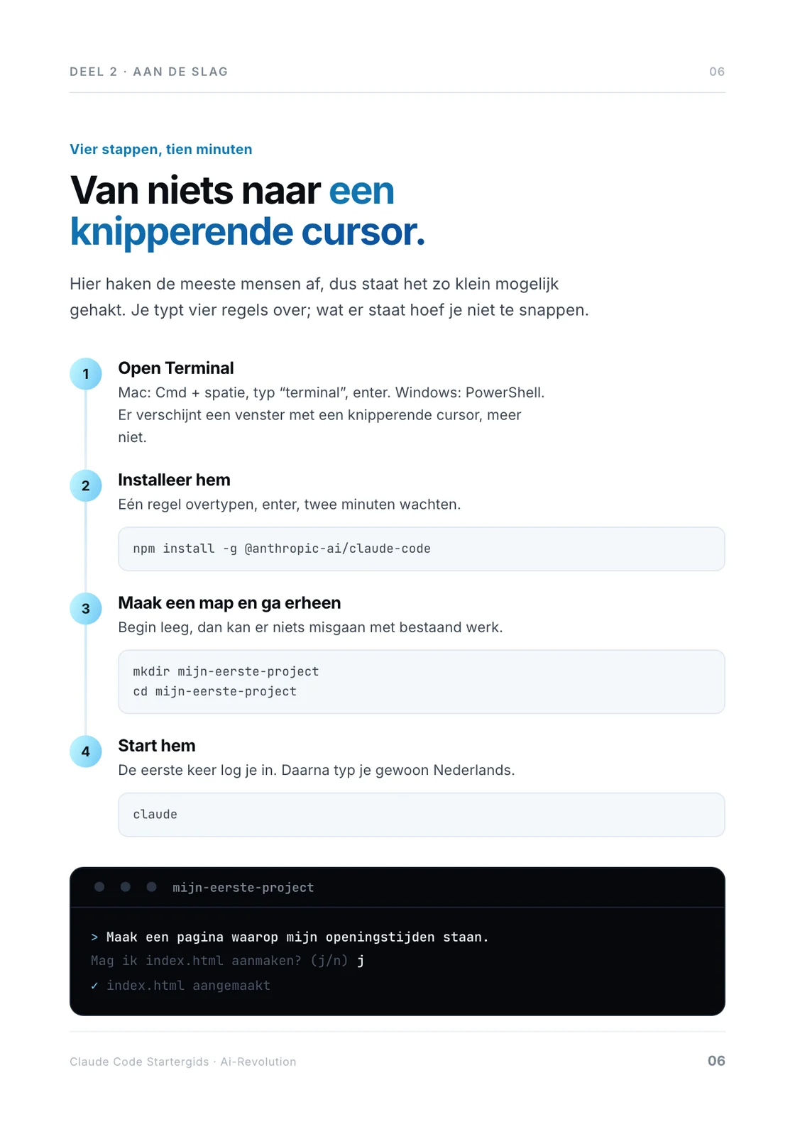 Pagina 6: installeren in vier stappen, met de regels die je overtypt.