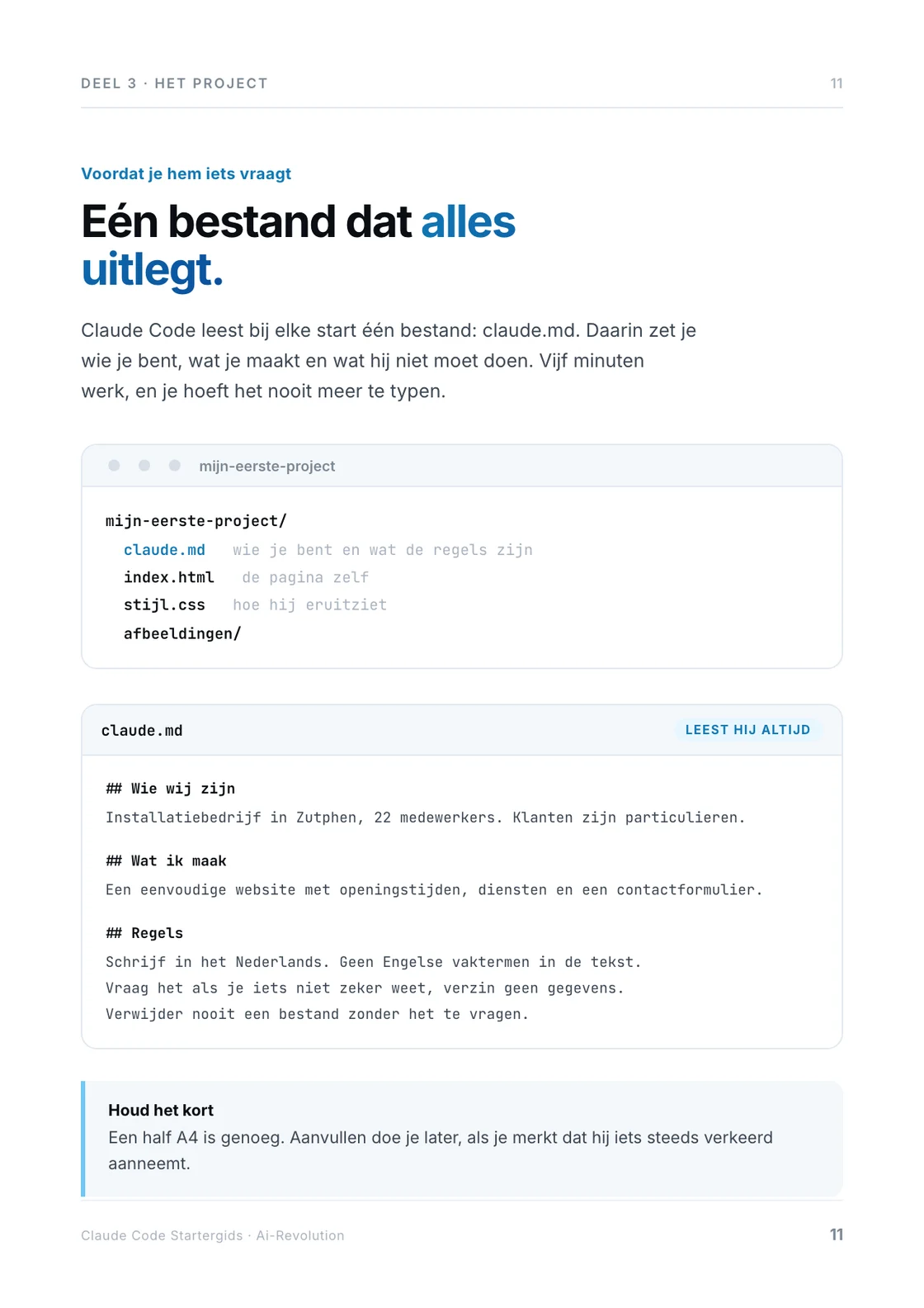 Pagina 11: de mappenstructuur en het bestand claude.md waarin je uitlegt wie je bent.