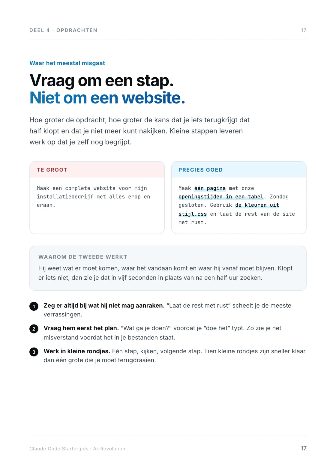 Pagina 17: de te grote opdracht naast de opdracht die wel werkt.