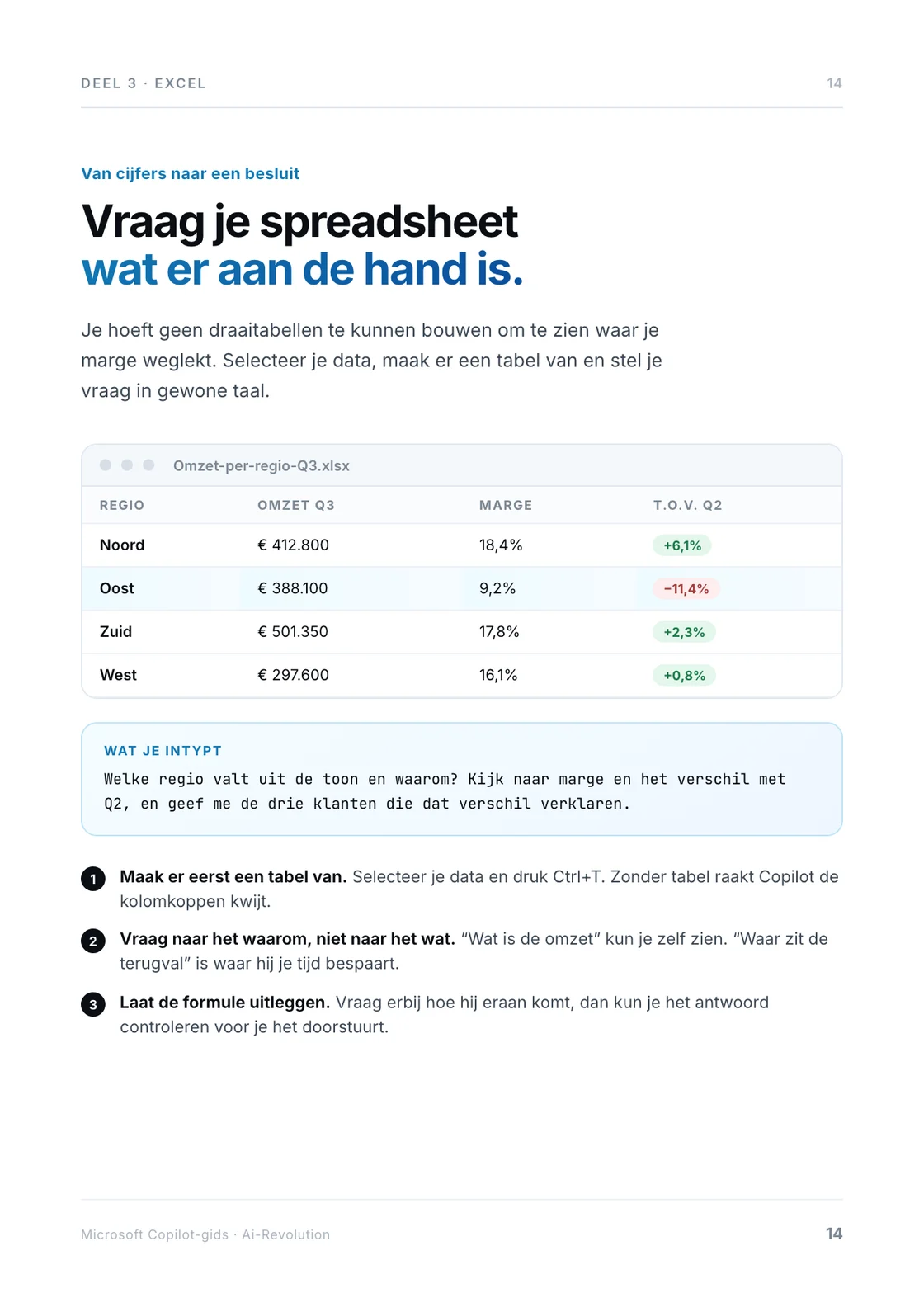 Pagina 14 van de gids: Copilot in Excel, van ruwe data naar een besluit.