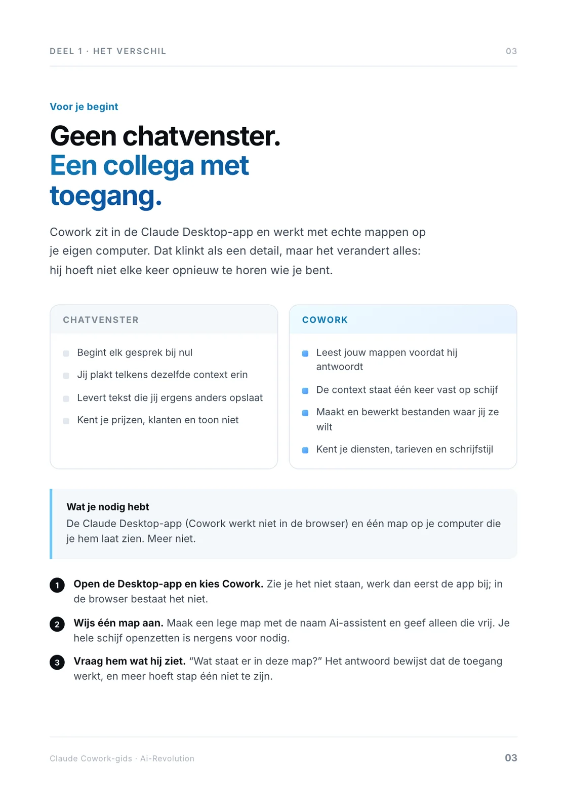 Pagina 3 van de gids: het verschil tussen een chatvenster en Cowork.