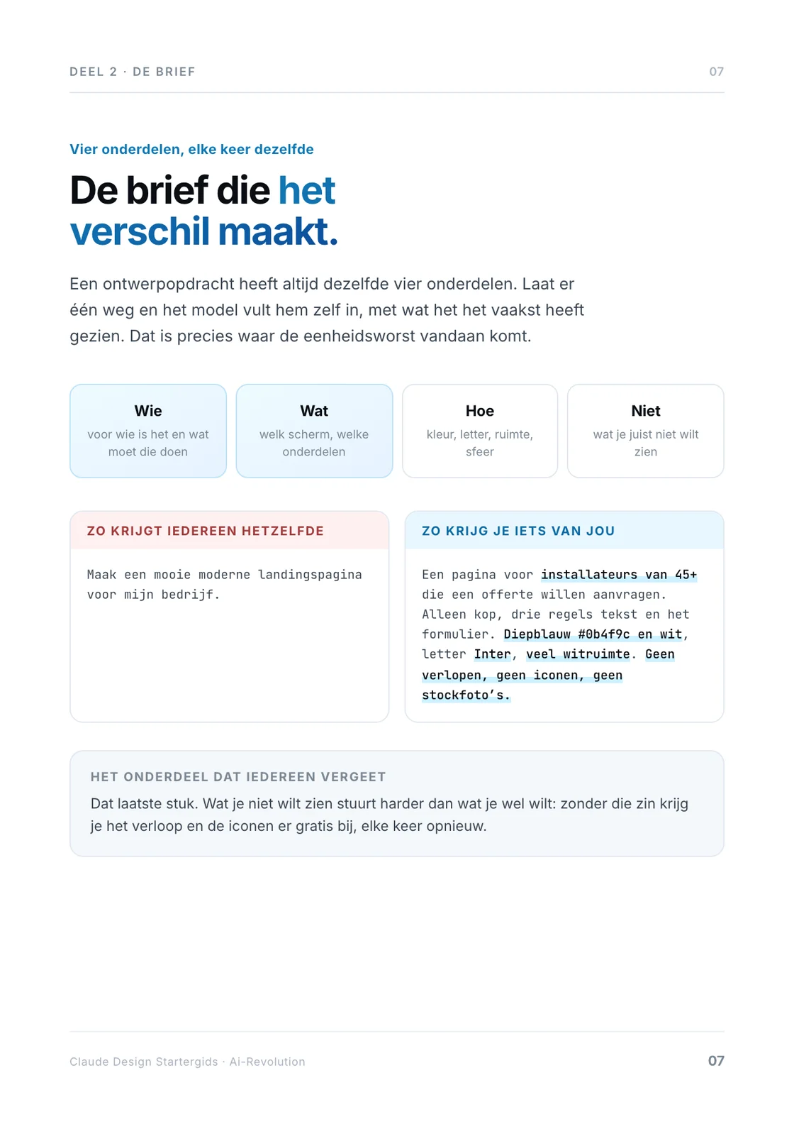 Pagina 7: de vier onderdelen van een ontwerpopdracht, met de goede en de slechte versie.