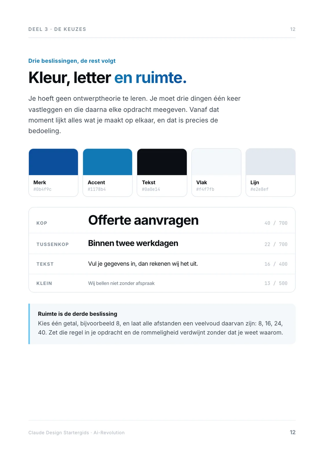 Pagina 12: kleurenstalen met hexcodes en een tabel met lettergroottes.