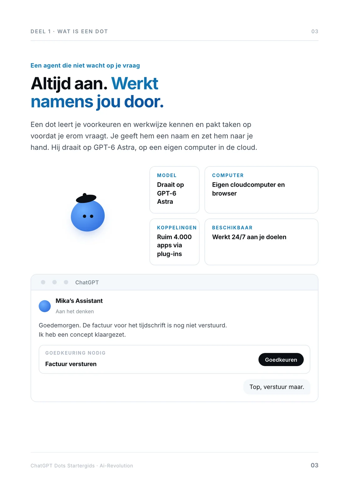 Wat een dot is: altijd aan, op een eigen computer, met een goedkeuring die hij aan jou voorlegt.