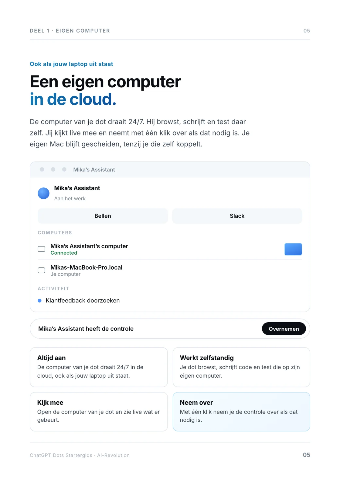 Pagina 5 van de startergids: de eigen computer van je dot in de cloud, met de activiteitenweergave en de knop Overnemen.