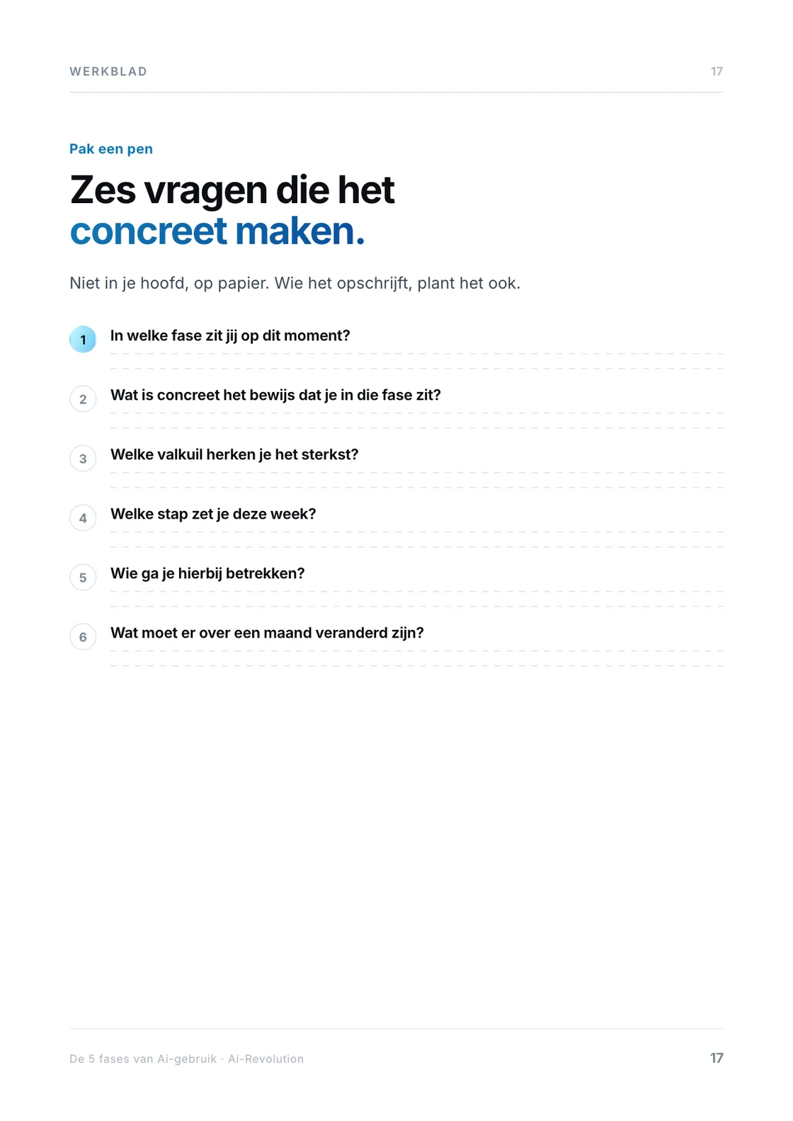 Pagina 17 van het werkboek: het reflectievel met zes vragen.