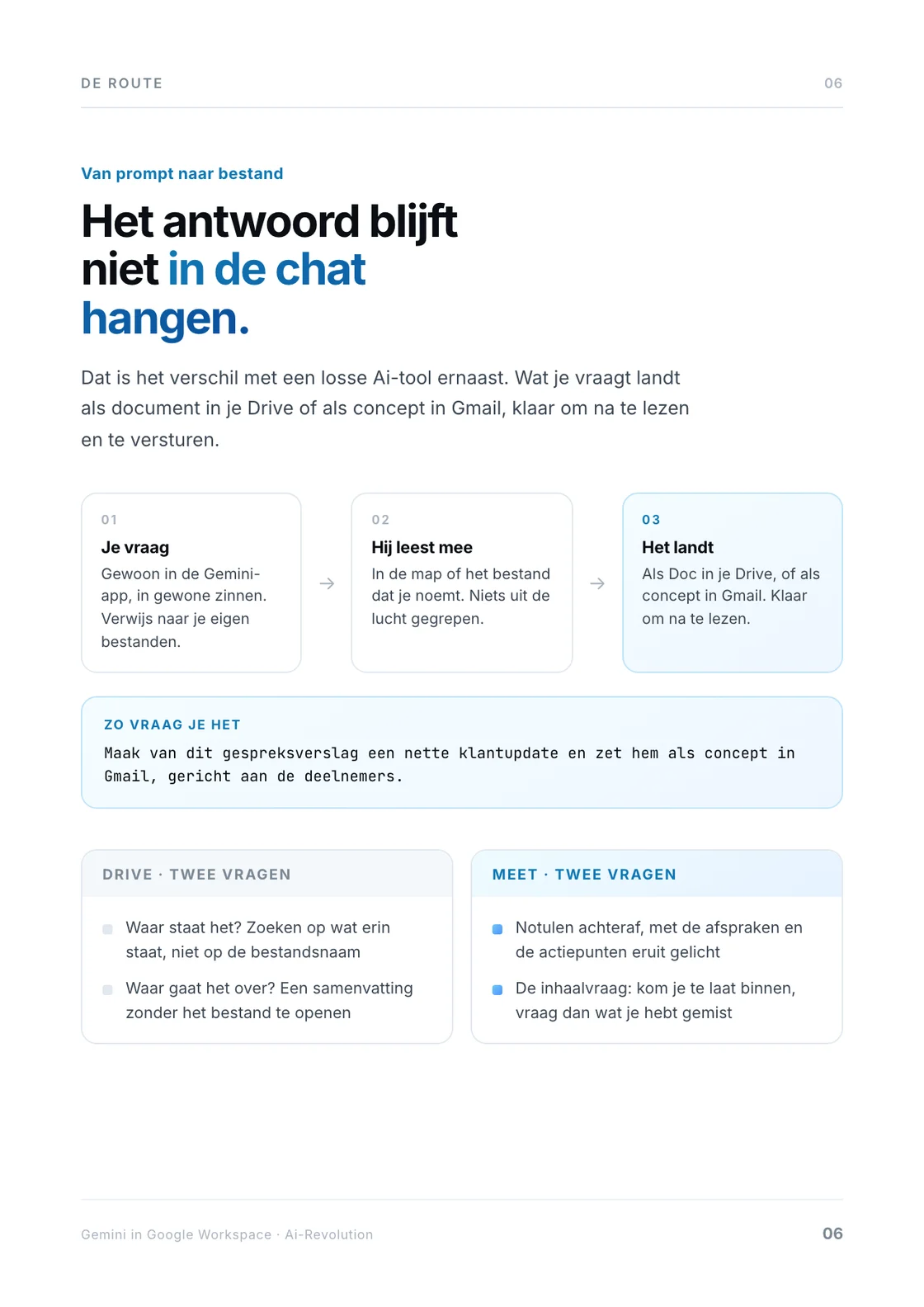 Pagina 6 van het stappenplan: van prompt naar bestand in je Drive.