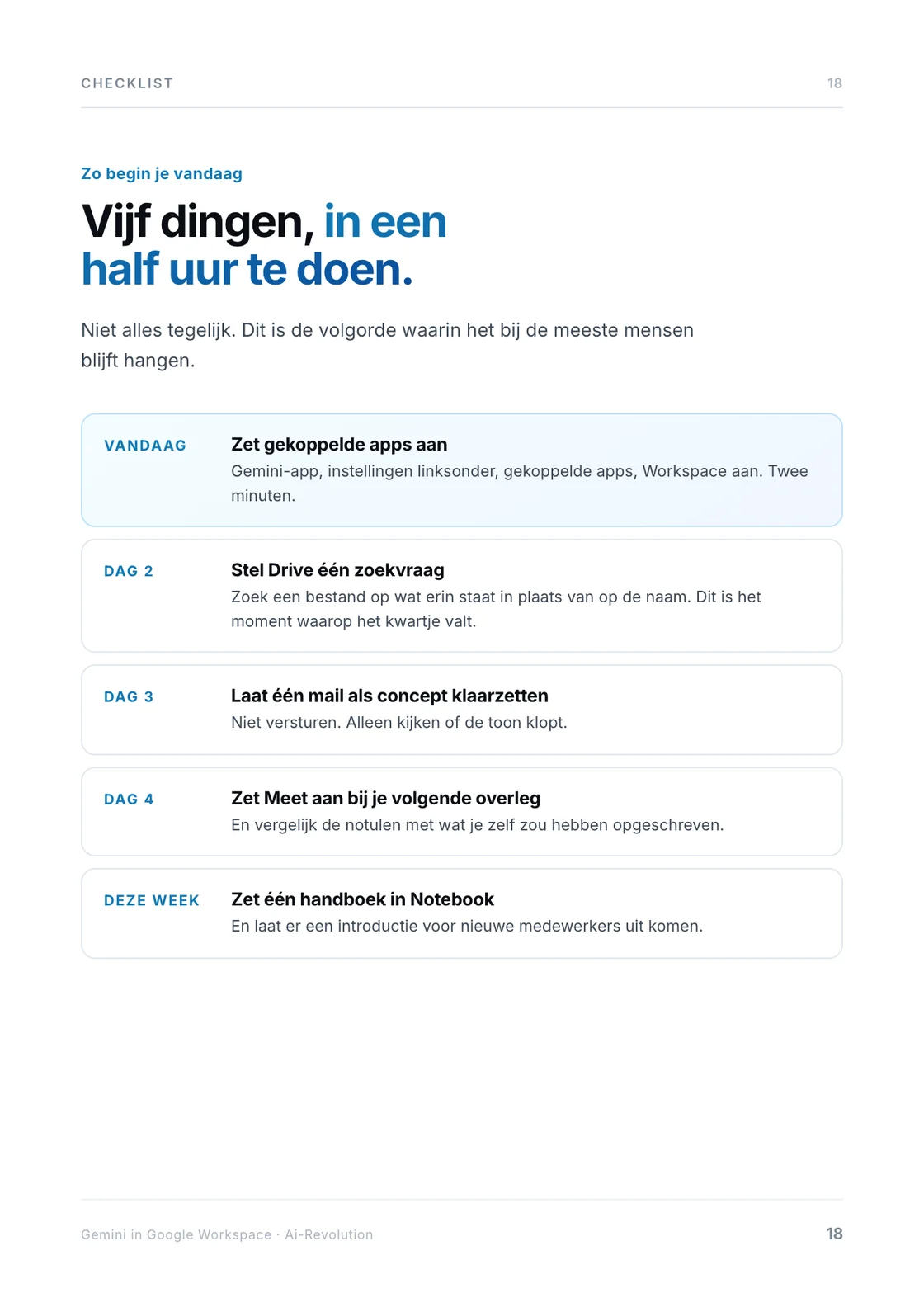Pagina 18 van het stappenplan: de checklist voor de eerste week.