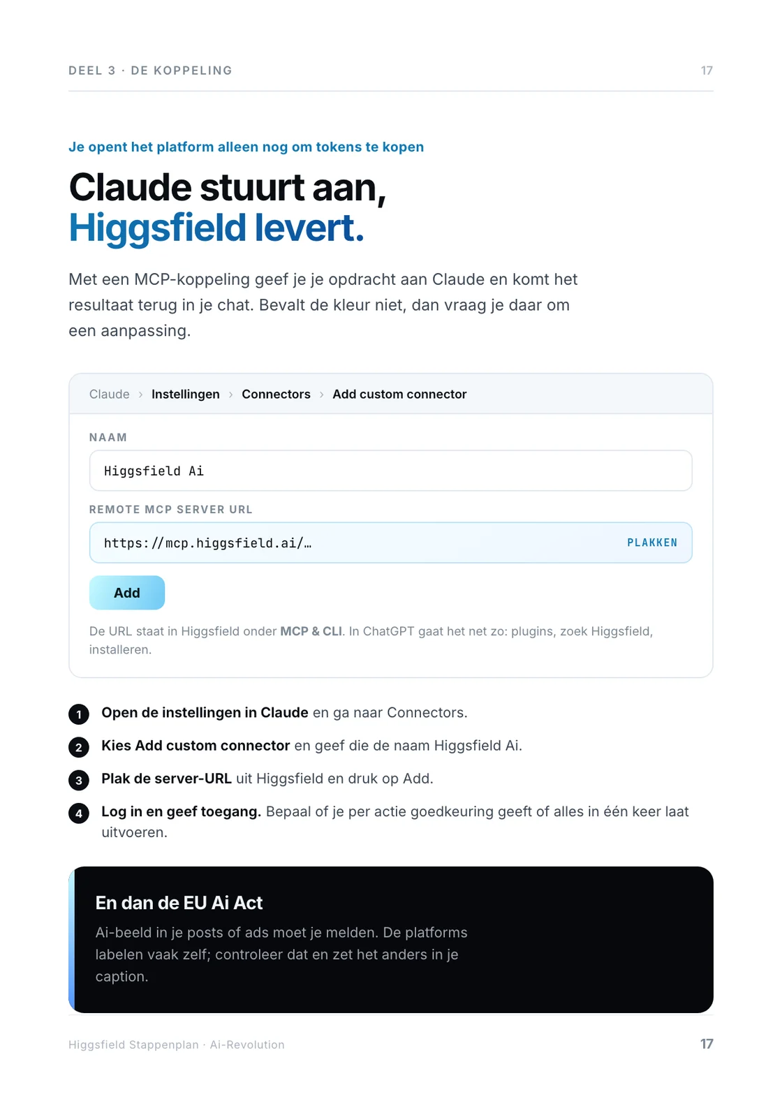Pagina 17 van het stappenplan: Higgsfield als connector aan Claude koppelen.