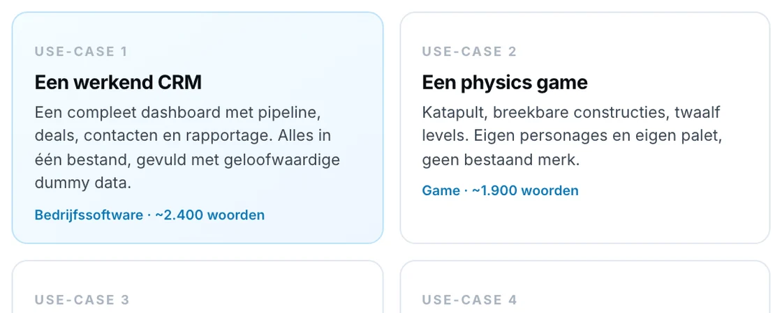 Uit de bundel: de vier use-cases naast elkaar met per stuk het soort werk.