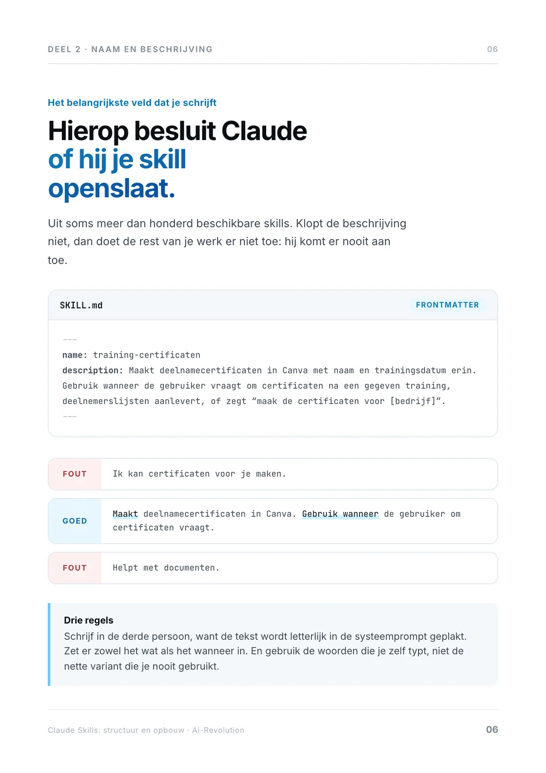 De beschrijving in de frontmatter, met goed en fout naast elkaar.