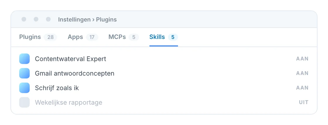 Uit de handleiding: het tabje Skills met de skills die je hebt gebouwd.