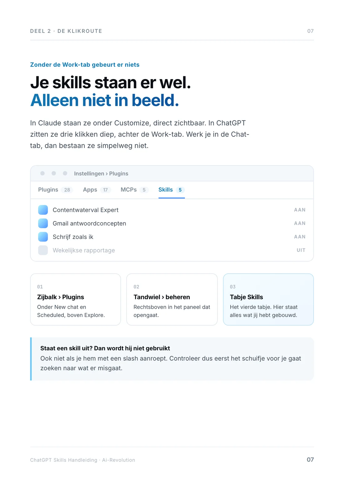 De klikroute naar het tabje Skills, met schermen erbij.