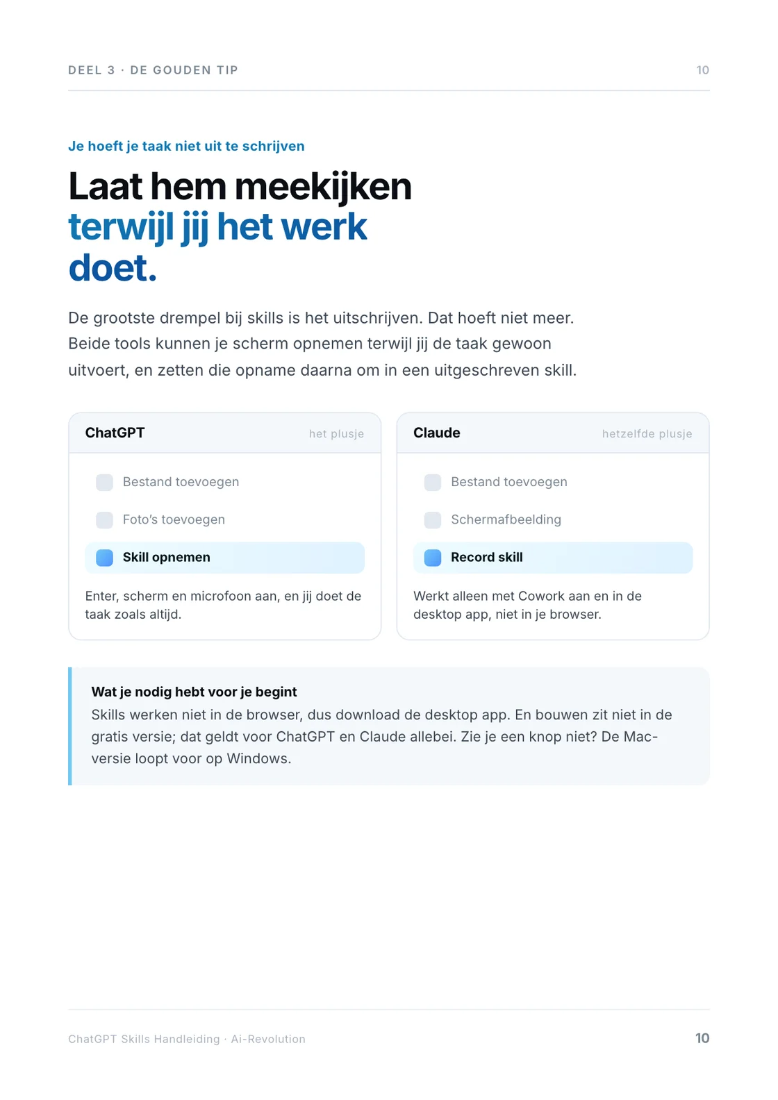 Skill opnemen in ChatGPT en Record skill in Claude, naast elkaar.