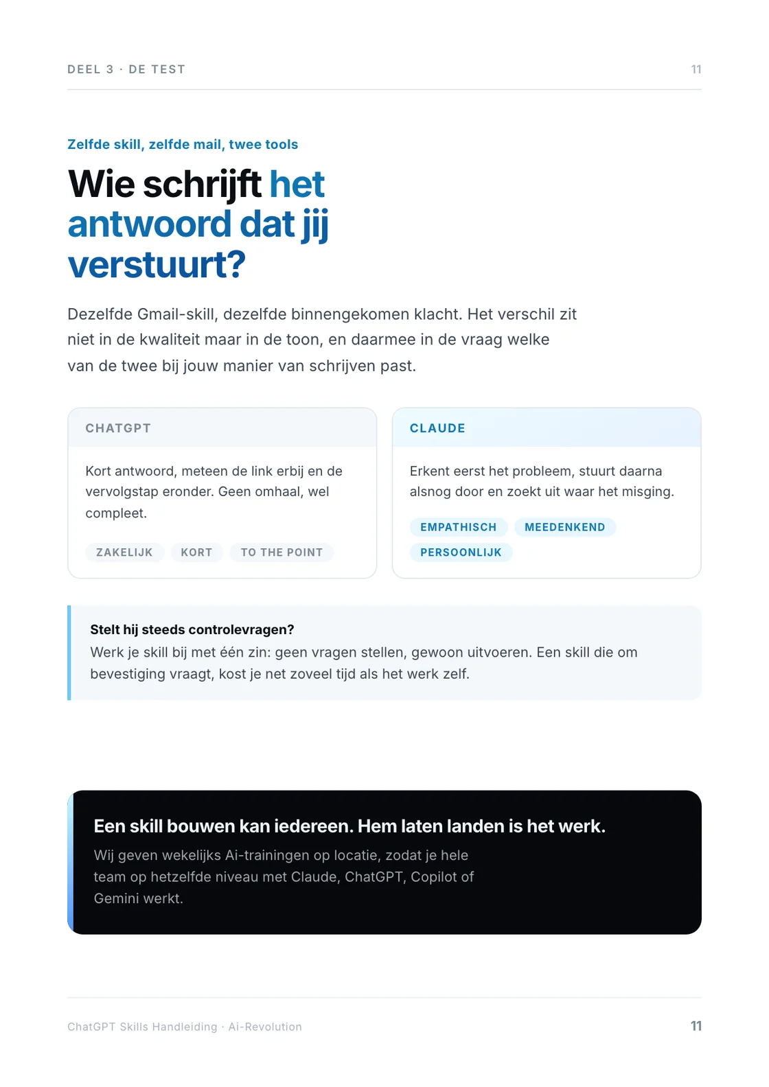 Pagina 11 van de handleiding: dezelfde skill in ChatGPT en in Claude.