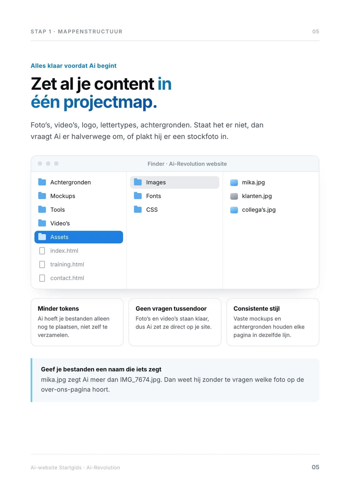 Pagina 5 van de startgids: al je foto&rsquo;s, video&rsquo;s en mockups vooraf in &eacute;&eacute;n projectmap.