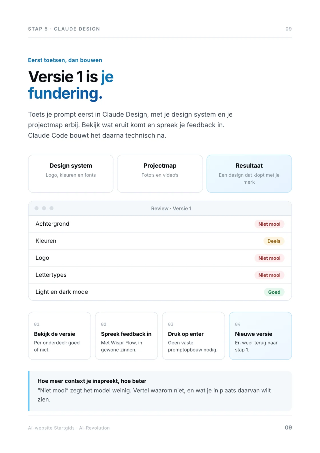 Pagina 9 van de startgids: versie 1 beoordelen in Claude Design en feedback inspreken.