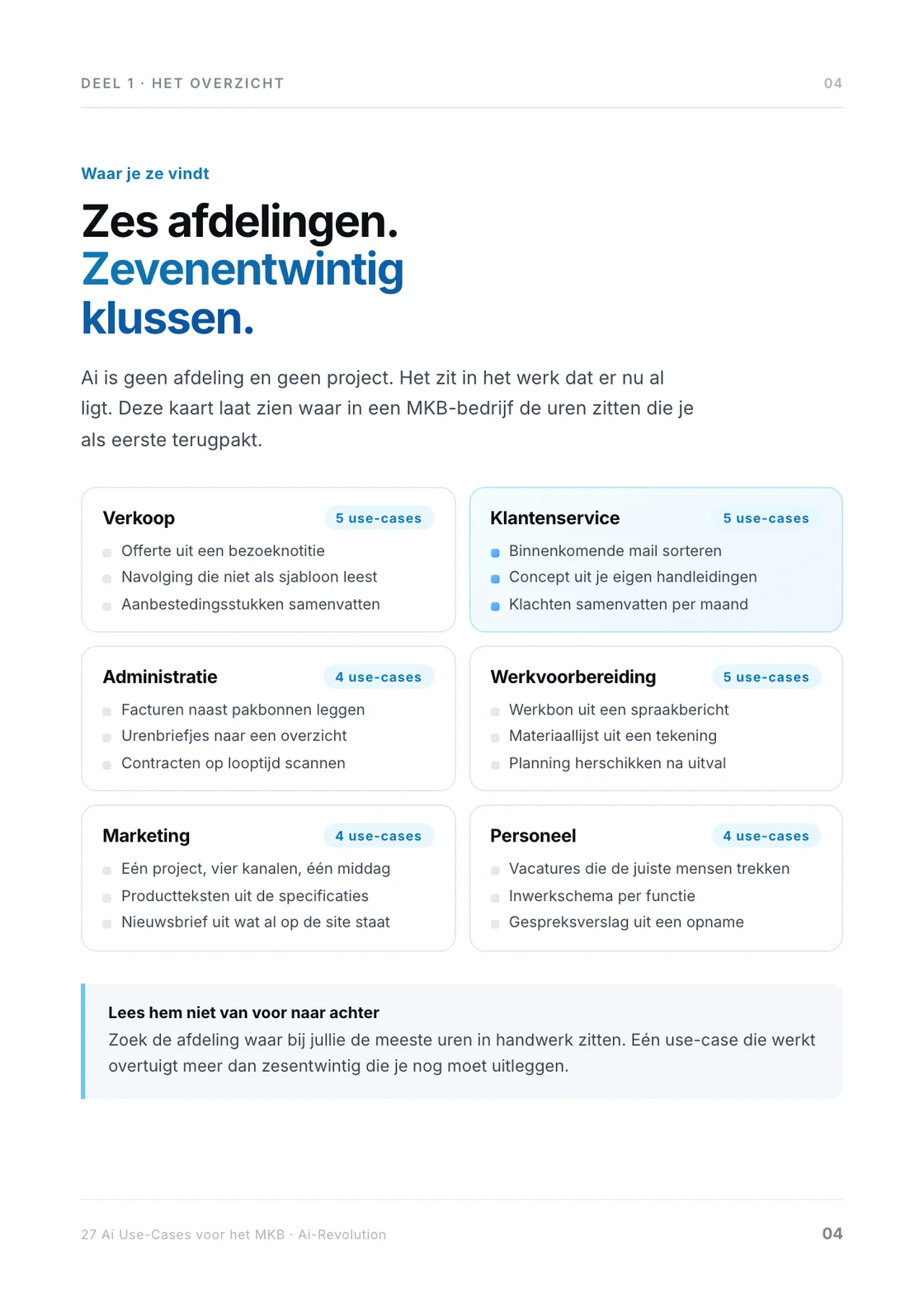 Pagina 4: de kaart met zes afdelingen en 27 use-cases.