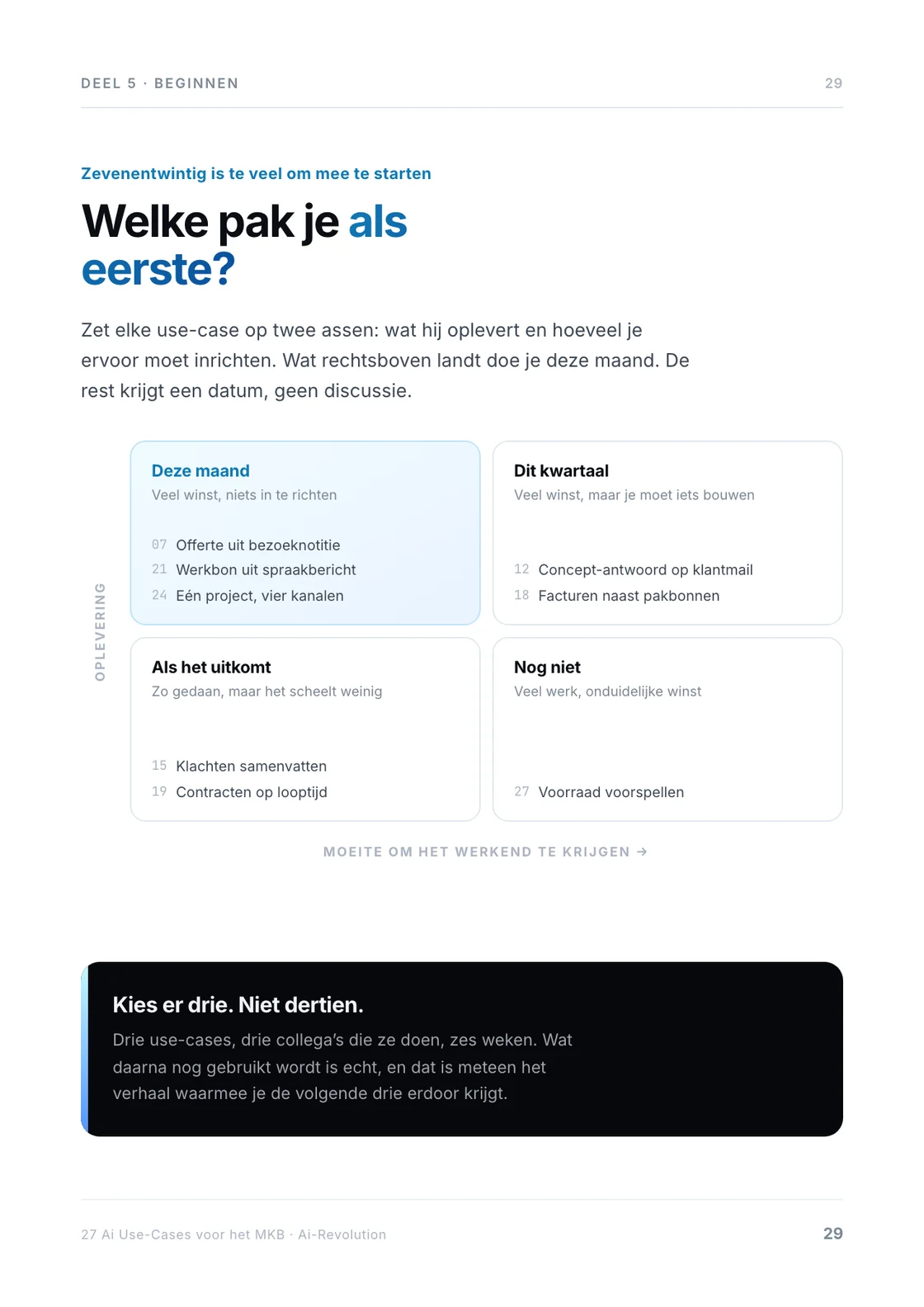 Pagina 29: de matrix waarmee je bepaalt welke use-case je als eerste doet.